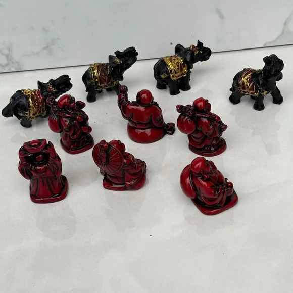 Chinese Asian Figurine Statue Set of 10 Resin Buddha Black Red Size 2"x2" - Picture 1 of 11